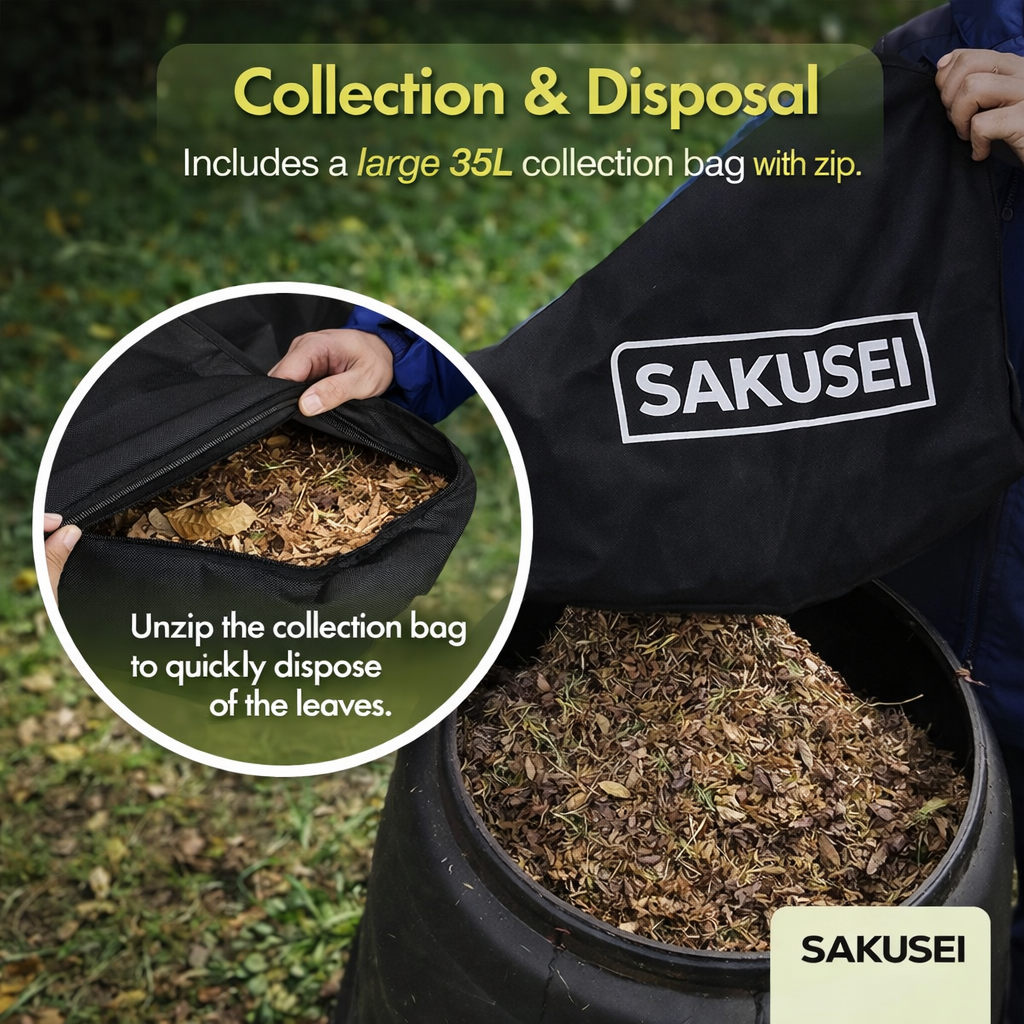 SAKUSEI leaf collection and disposal system with a large 35L collection bag on grass.