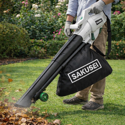 Person using a Sakusei leaf blower on a grassy area with flowers in the background