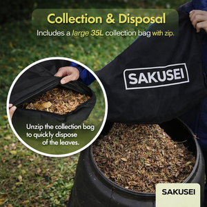 SAKUSEI leaf collection and disposal system with a large 35L collection bag on grass.