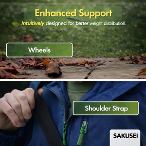 Product with wheels and shoulder strap labeled, set against a natural background.