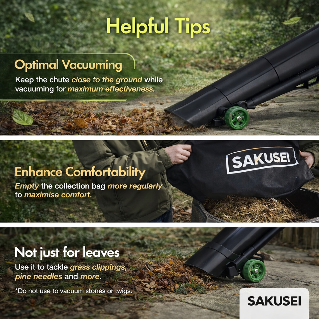 Sakusei leaf vacuum with usage tips on a natural background