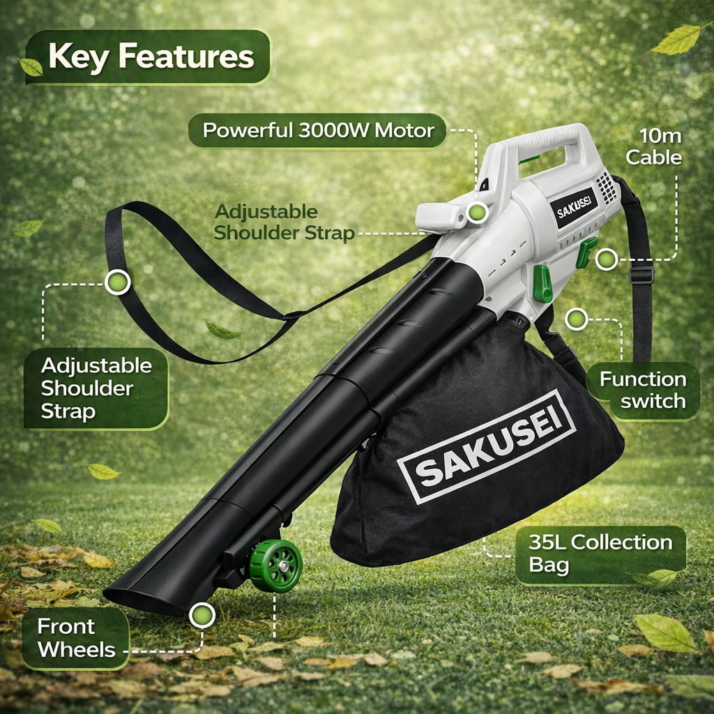 Sakusei leaf blower with key features highlighted on a green outdoor background