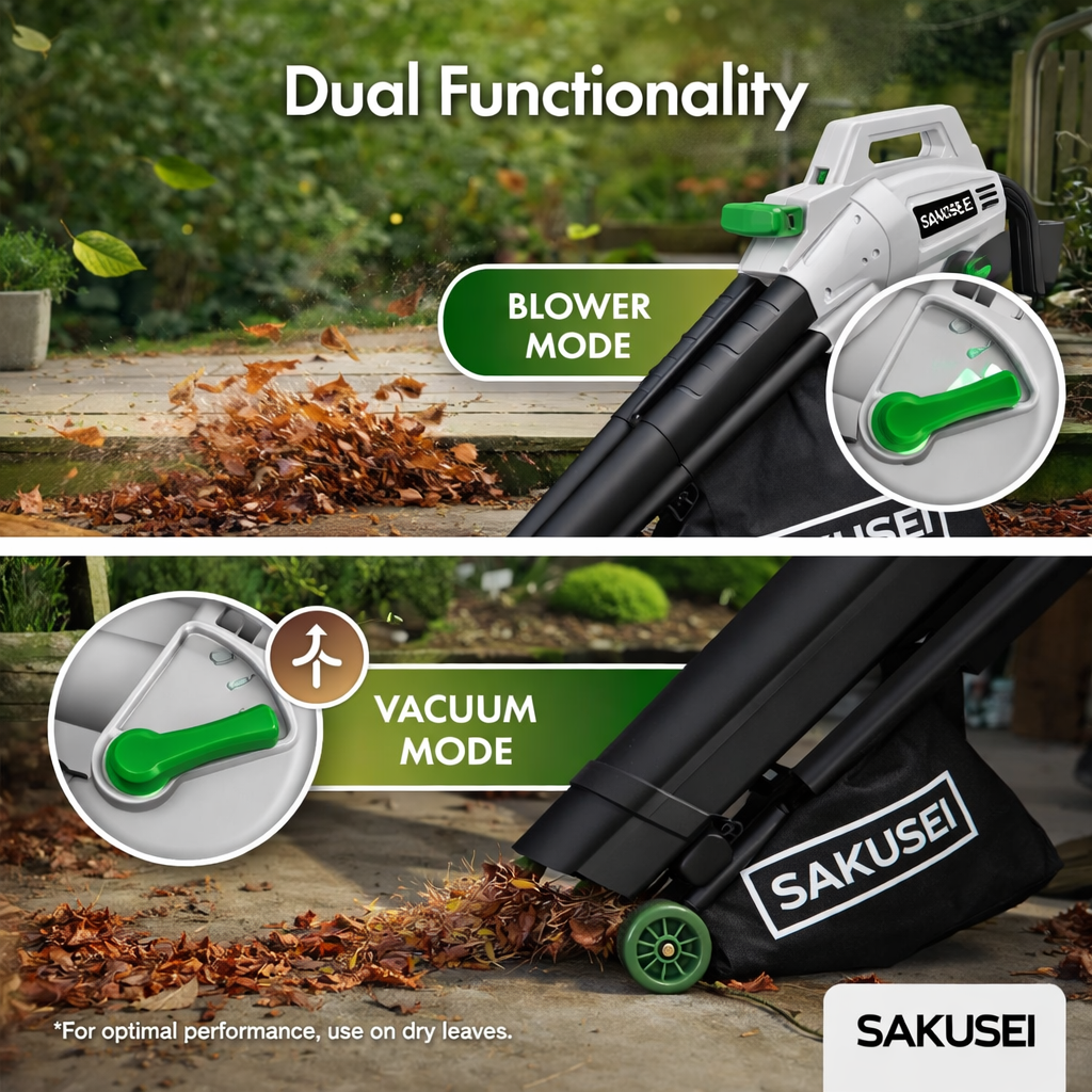 Sakusei leaf blower and vacuum cleaner with dual functionality modes on a garden background.