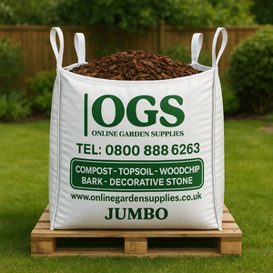 OGS Online Garden Supplies bag of Border Bark on a wooden pallet